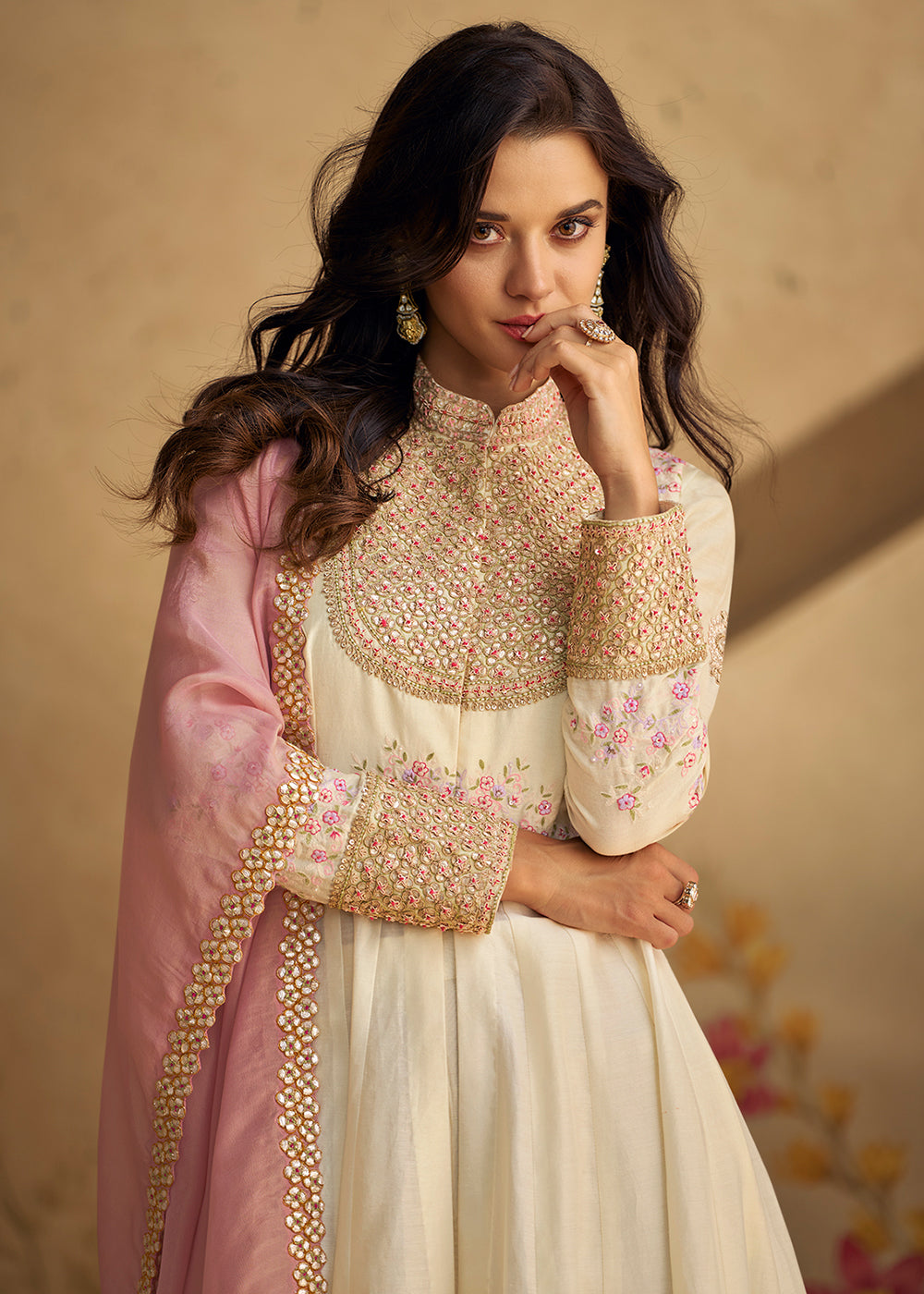 Buy Now Real Silk Off White Anarkali Style Pant Salwar Suit Online in USA, UK, Canada, Germany, Australia & Worldwide at Empress Clothing. 