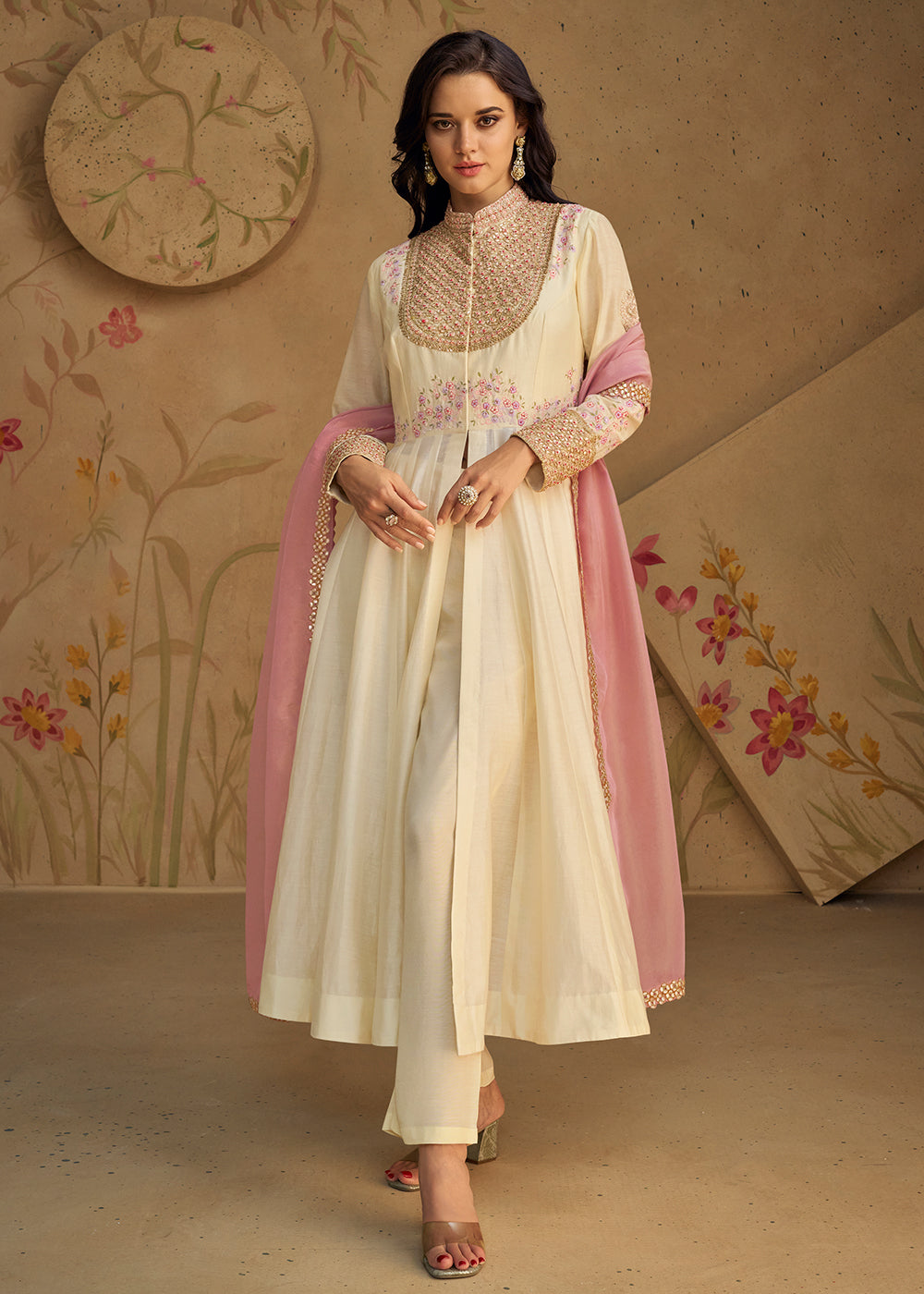 Buy Now Real Silk Off White Anarkali Style Pant Salwar Suit Online in USA, UK, Canada, Germany, Australia & Worldwide at Empress Clothing. 