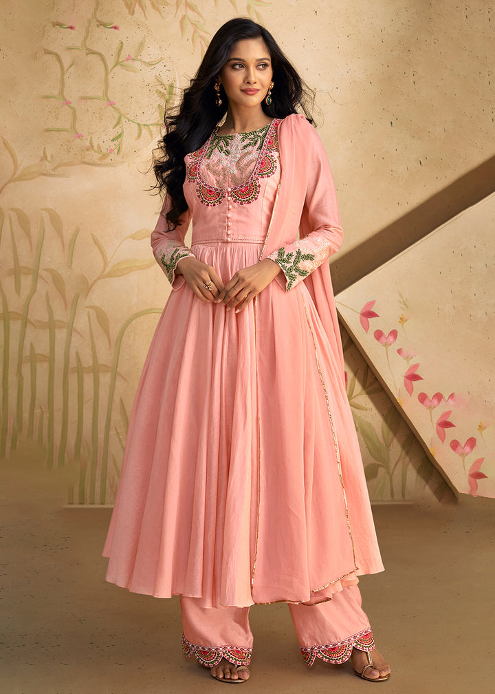 Buy Now Real Silk Light Pink Anarkali Style Pant Salwar Suit Online in USA, UK, Canada, Germany, Australia & Worldwide at Empress Clothing. 