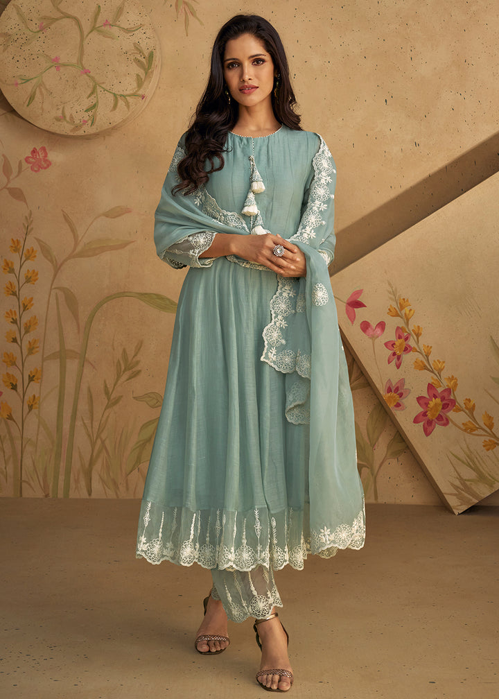 Buy Now Real Silk Blue Anarkali Style Pant Salwar Suit Online in USA, UK, Canada, Germany, Australia & Worldwide at Empress Clothing. 