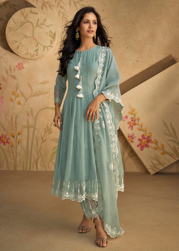 Buy Now Real Silk Blue Anarkali Style Pant Salwar Suit Online in USA, UK, Canada, Germany, Australia & Worldwide at Empress Clothing. 