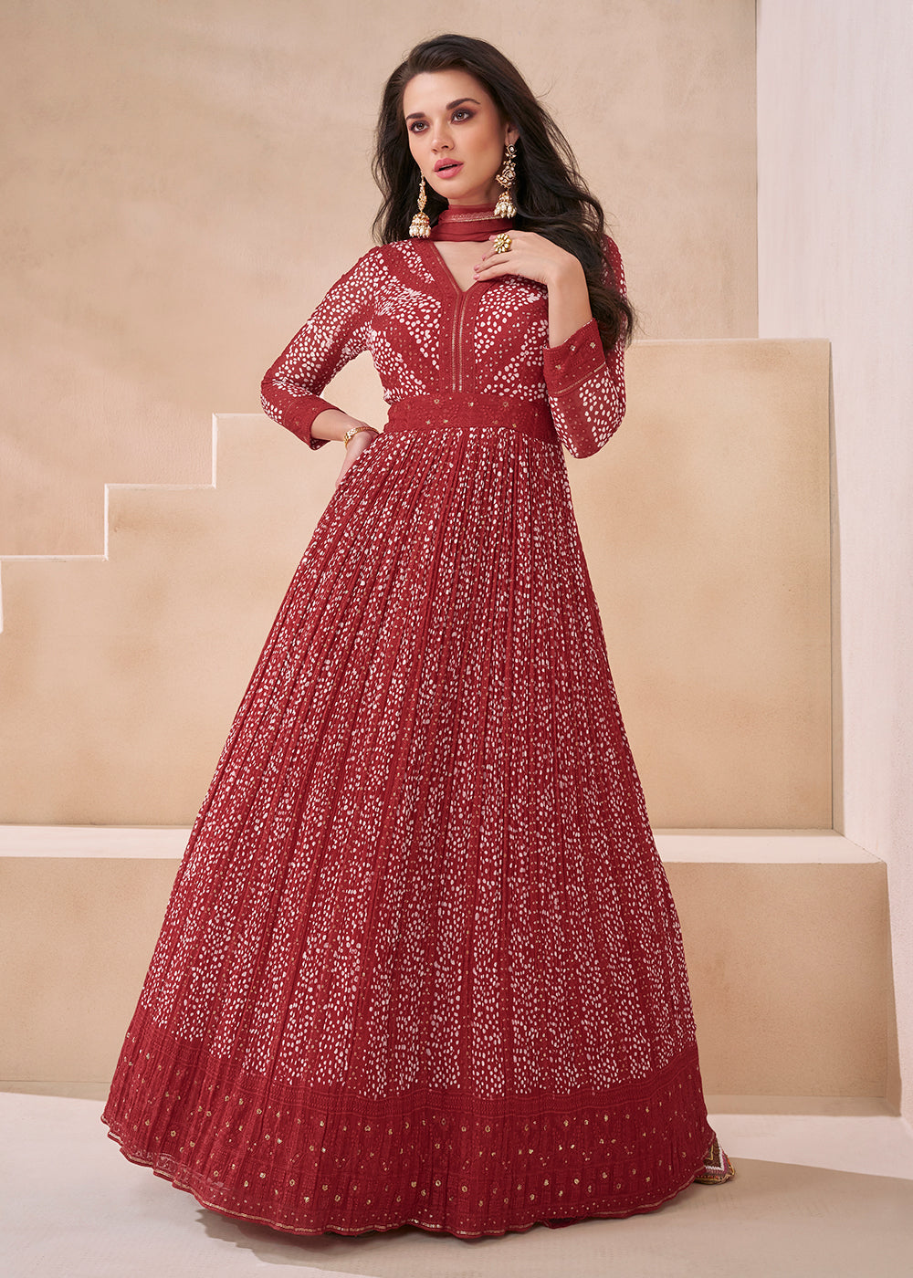 Buy Now Wedding Red Real Georgette Embroidered Anarkali Gown Online in USA, UK, Australia, New Zealand, Canada & Worldwide at Empress Clothing.