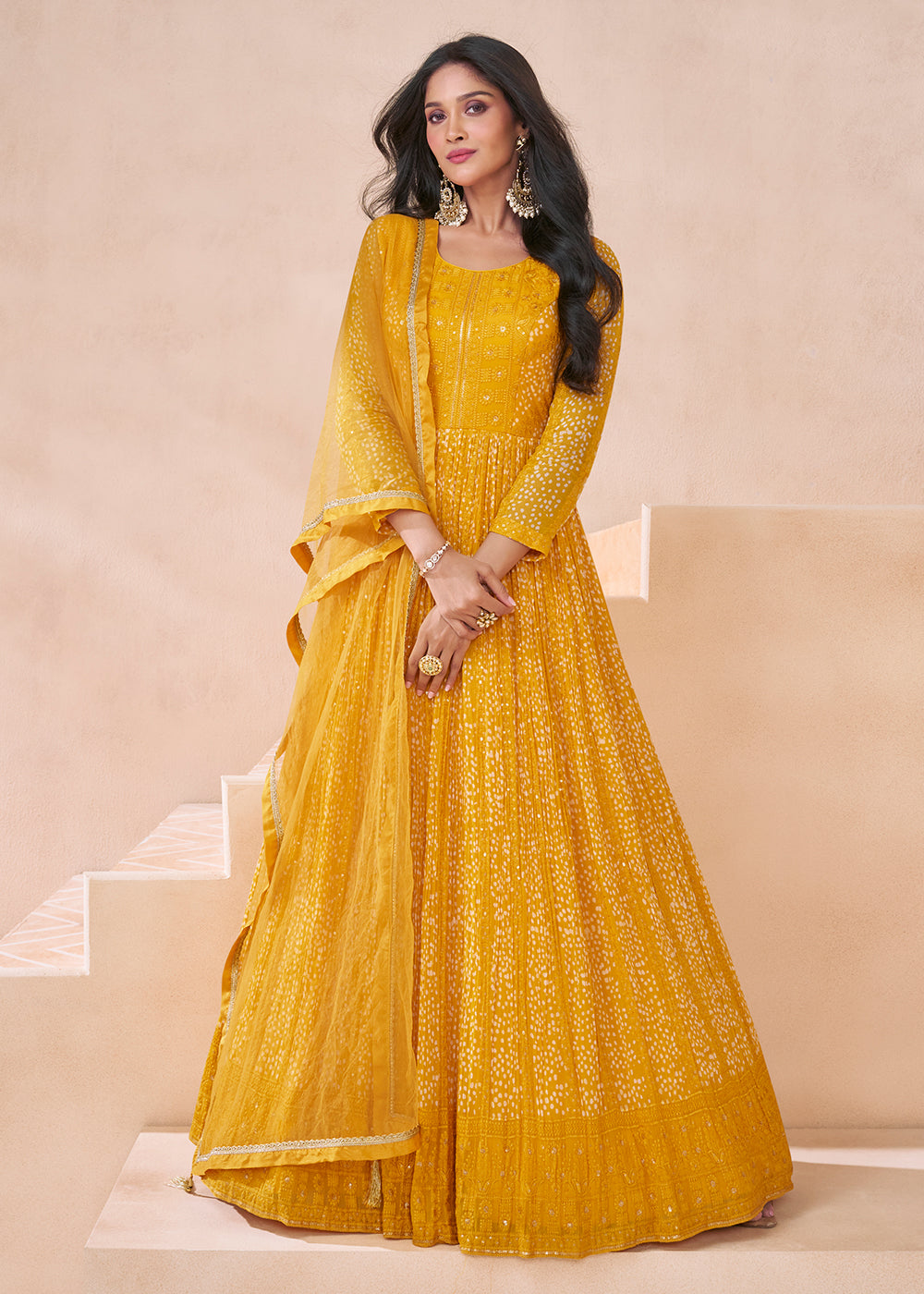 Buy Now Wedding Yellow Real Georgette Embroidered Anarkali Gown Online in USA, UK, Australia, New Zealand, Canada & Worldwide at Empress Clothing.