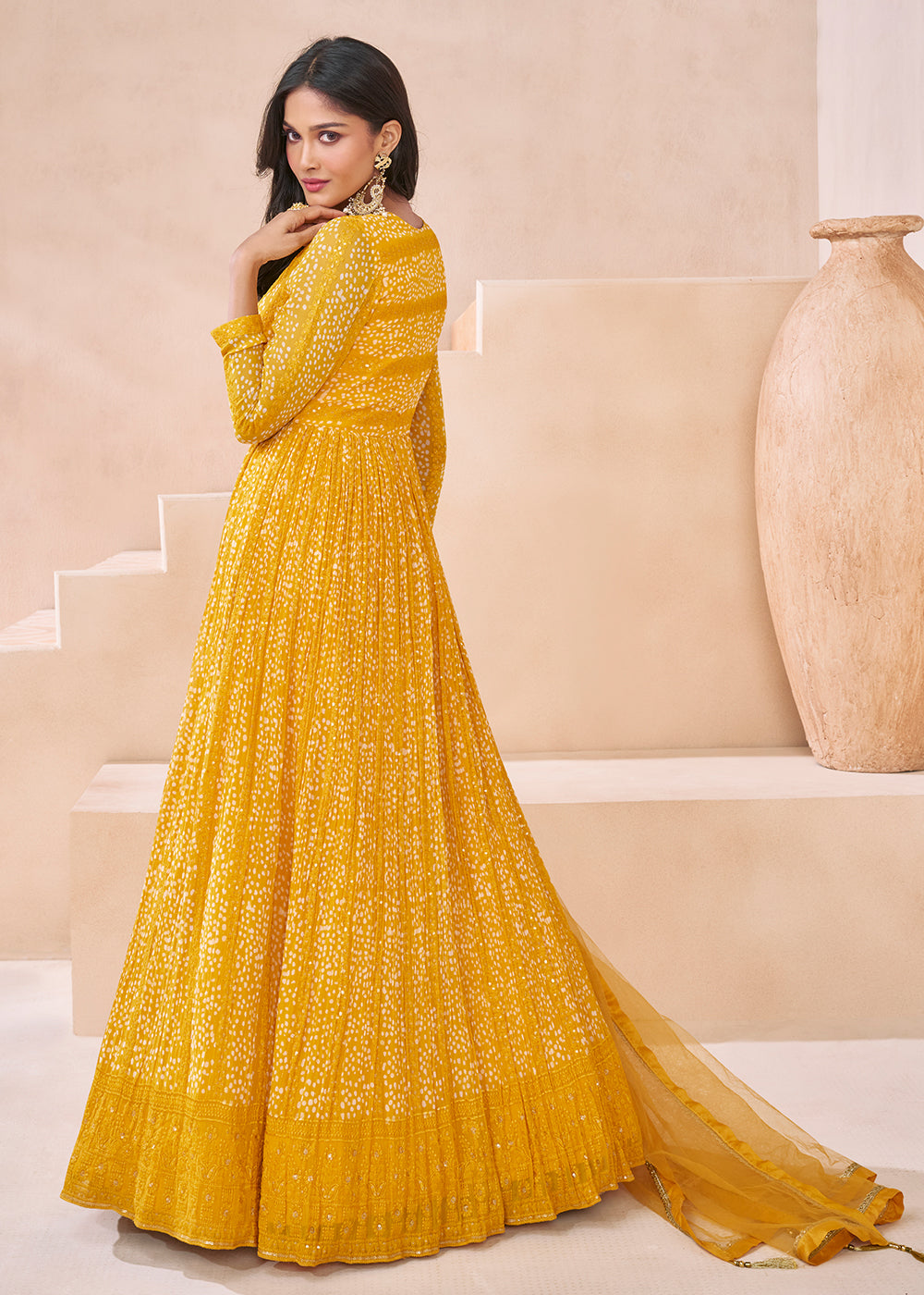 Buy Now Wedding Yellow Real Georgette Embroidered Anarkali Gown Online in USA, UK, Australia, New Zealand, Canada & Worldwide at Empress Clothing.