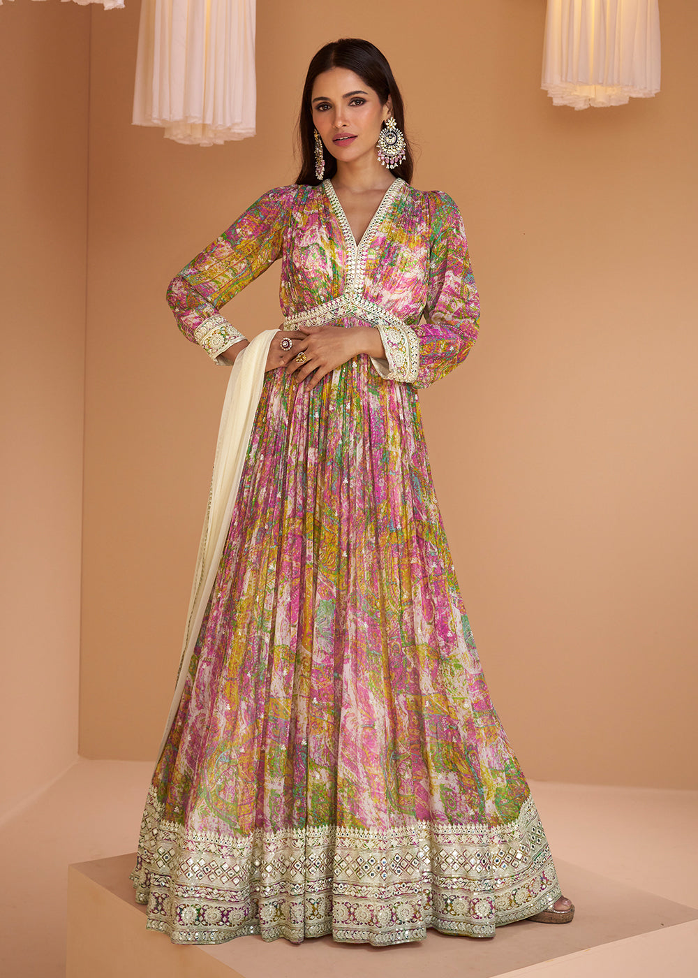 Buy Now Multicolor Pink Floral Printed Wedding Festive Anarkali Gown Online in USA, UK, Australia, Canada & Worldwide at Empress Clothing.