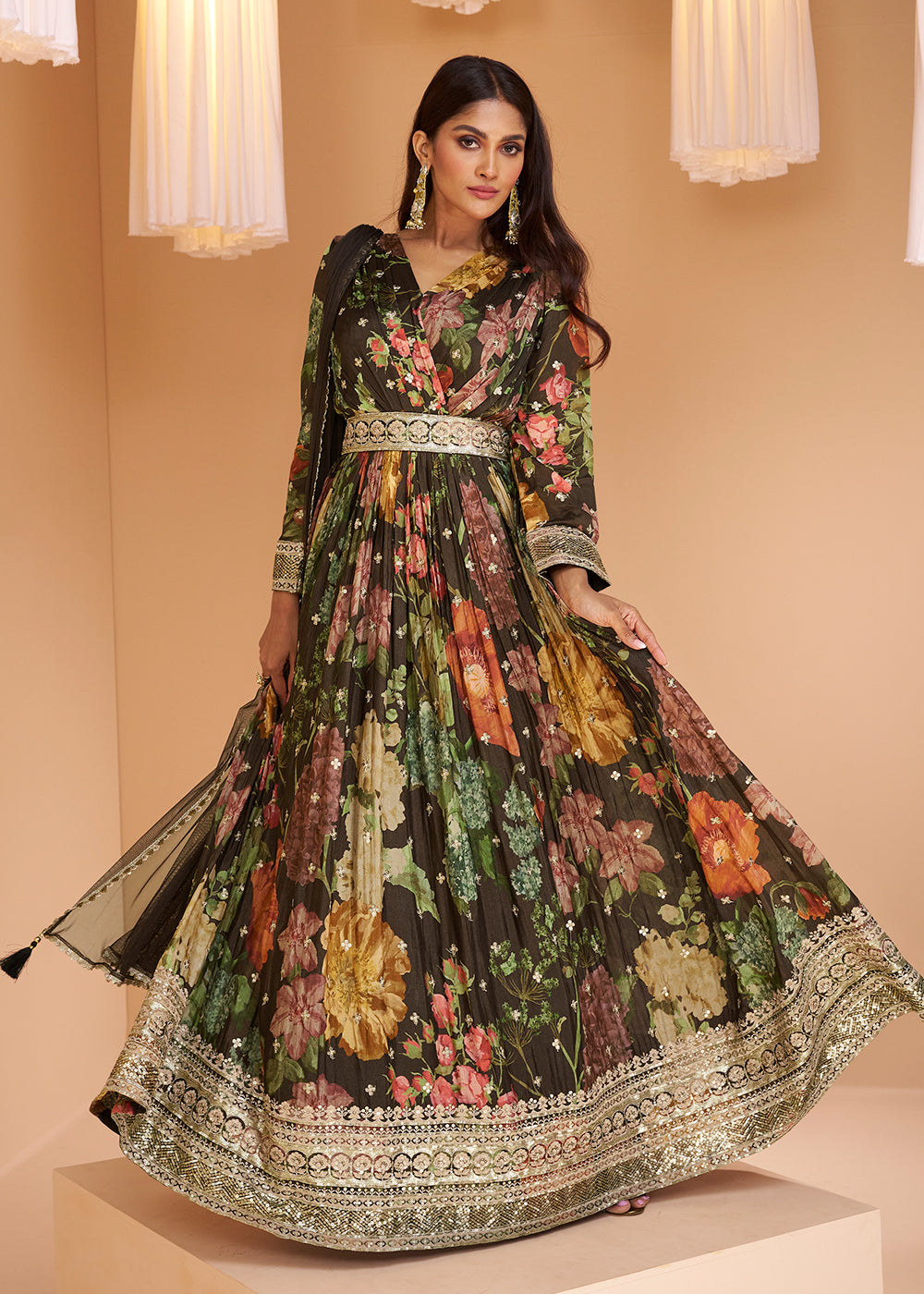 Buy Now Coffee Brown Floral Printed Wedding Festive Anarkali Gown Online in USA, UK, Australia, Canada & Worldwide at Empress Clothing.