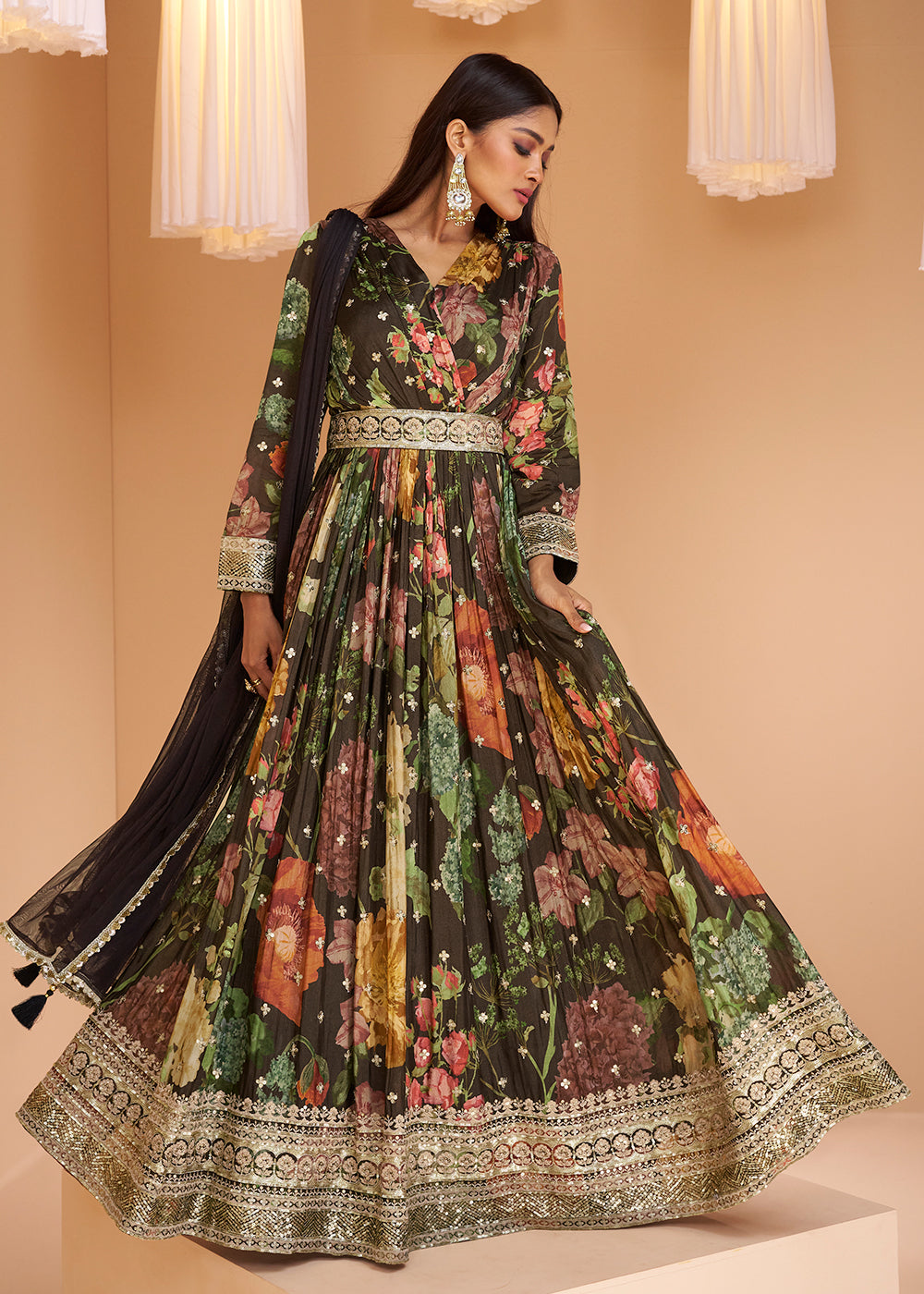 Buy Now Coffee Brown Floral Printed Wedding Festive Anarkali Gown Online in USA, UK, Australia, Canada & Worldwide at Empress Clothing.