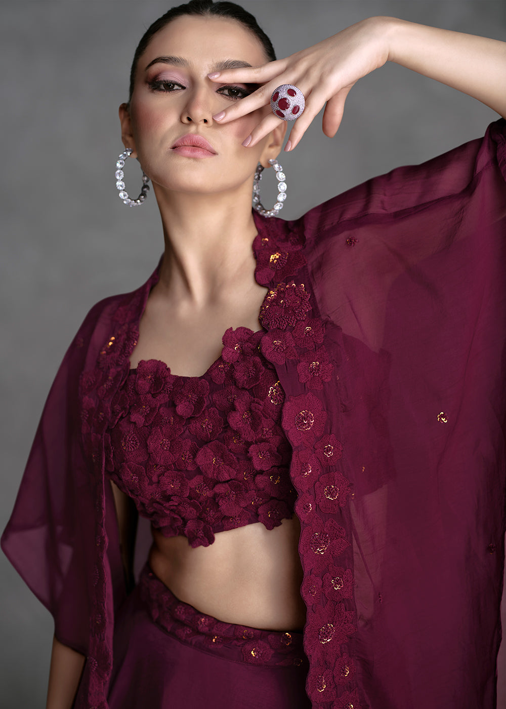 Buy Now Wine Crop Top Style Designer Indo Western Lehenga Choli Online in USA, UK, Canada & Worldwide at Empress Clothing.