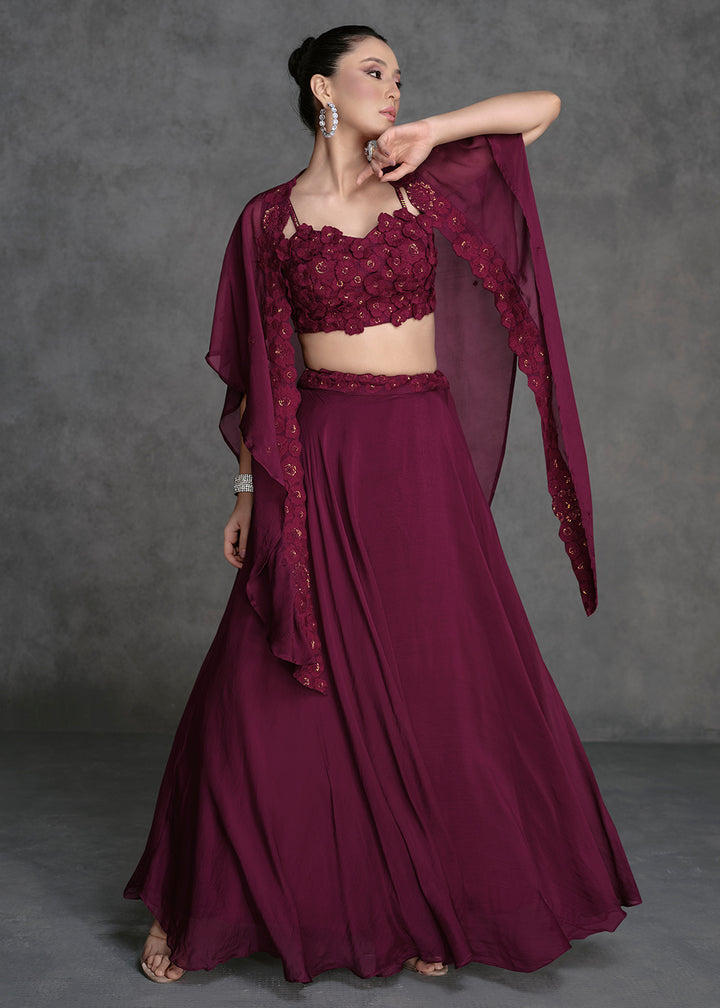 Buy Now Wine Crop Top Style Designer Indo Western Lehenga Choli Online in USA, UK, Canada & Worldwide at Empress Clothing.