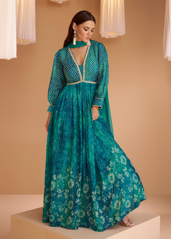 Aqua Blue Floral Printed Wedding Festive Anarkali Gown