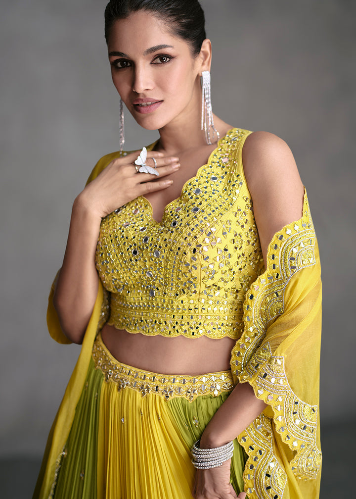 Buy Now Yellow & Green Crop Style Designer Indo Western Lehenga Choli Online in USA, UK, Canada & Worldwide at Empress Clothing. 