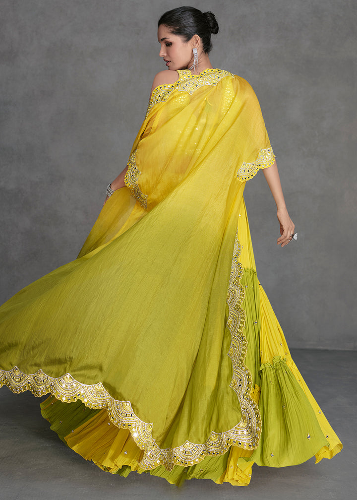 Buy Now Yellow & Green Crop Style Designer Indo Western Lehenga Choli Online in USA, UK, Canada & Worldwide at Empress Clothing. 