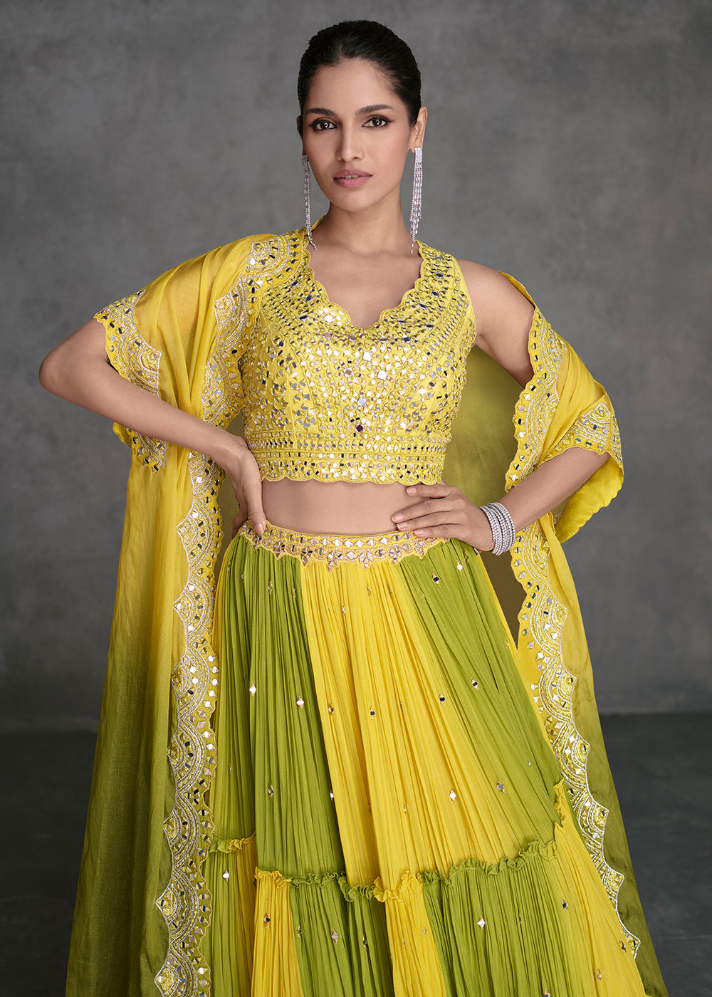 Buy Now Yellow & Green Crop Style Designer Indo Western Lehenga Choli Online in USA, UK, Canada & Worldwide at Empress Clothing. 