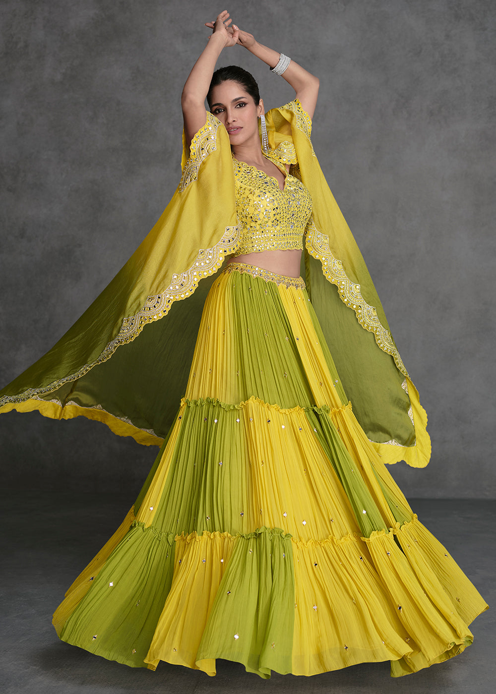 Buy Now Yellow & Green Crop Style Designer Indo Western Lehenga Choli Online in USA, UK, Canada & Worldwide at Empress Clothing. 