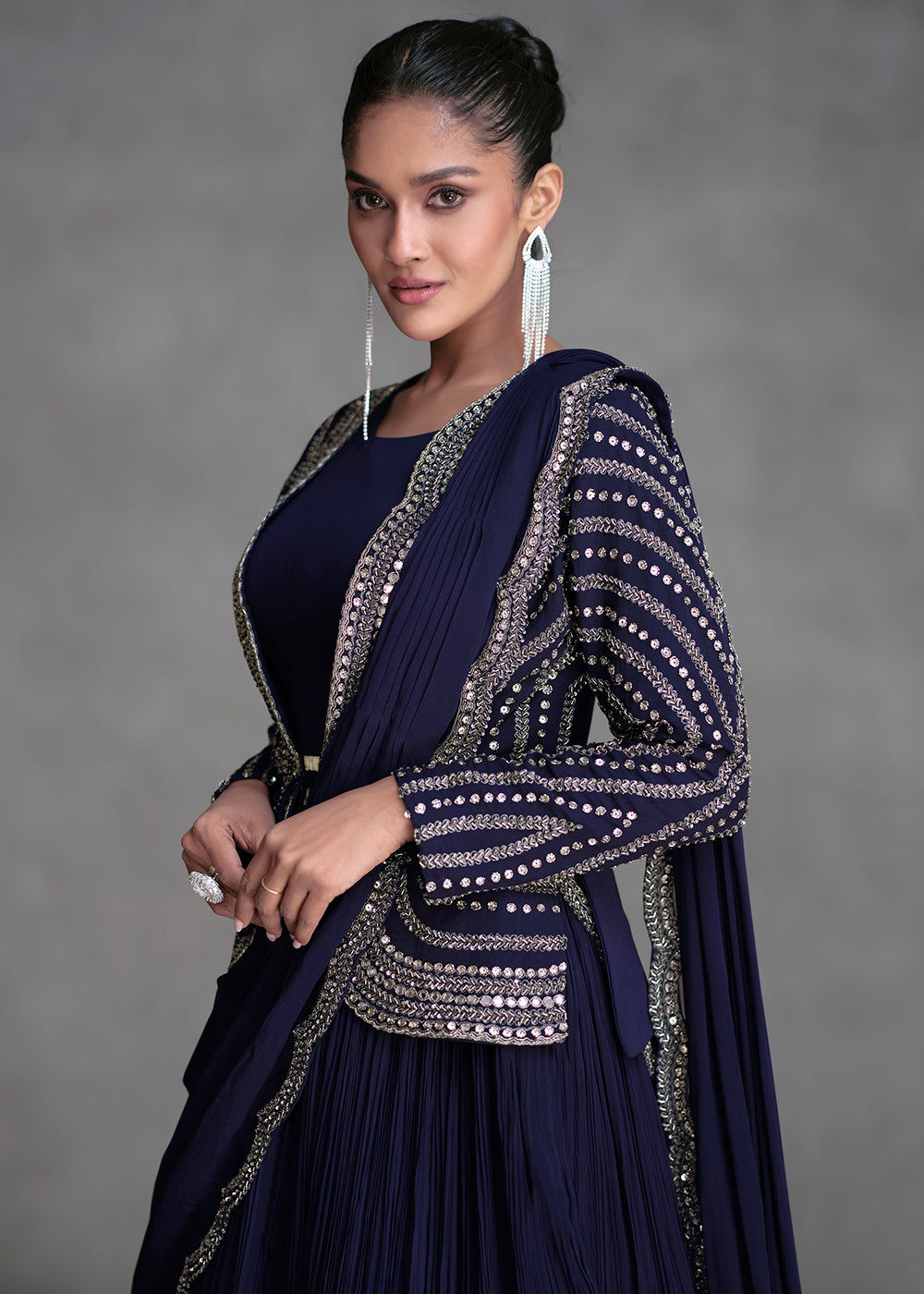 Buy Now Navy Blue Crop Top Style Designer Indo Western Lehenga Choli Online in USA, UK, Canada & Worldwide at Empress Clothing.