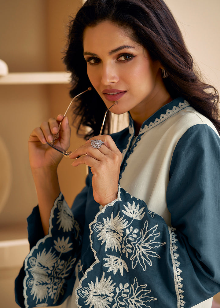 Buy Now Off White & Blue Silk Party Wear Co-Ords Indo-Western Suit Online in USA, UK, Canada, Germany, Australia & Worldwide at Empress Clothing.