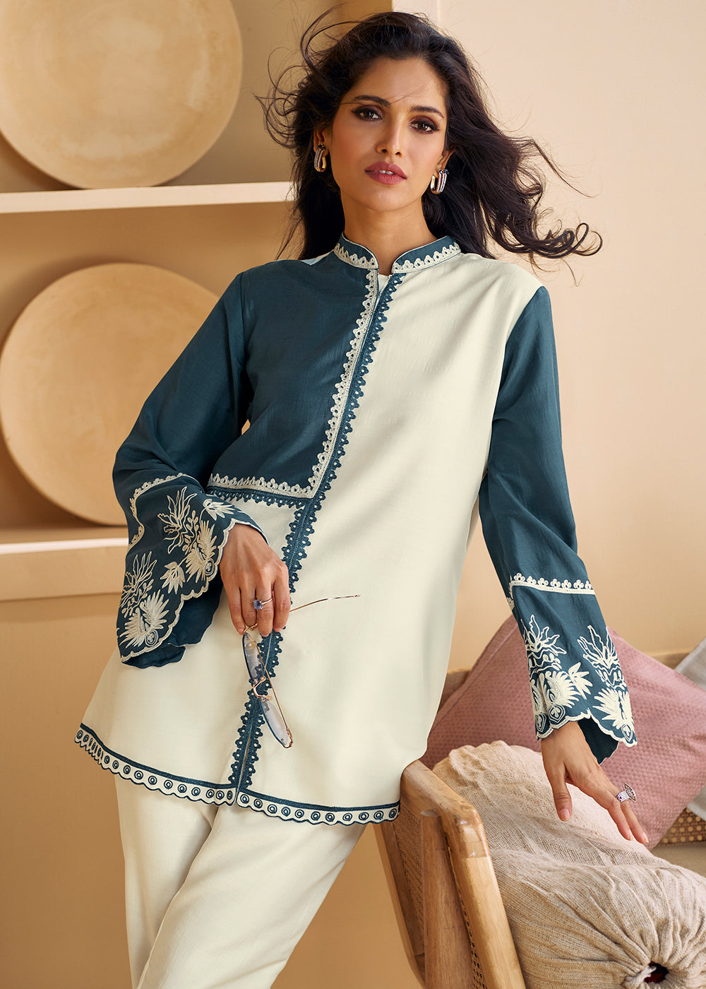 Buy Now Off White & Blue Silk Party Wear Co-Ords Indo-Western Suit Online in USA, UK, Canada, Germany, Australia & Worldwide at Empress Clothing.