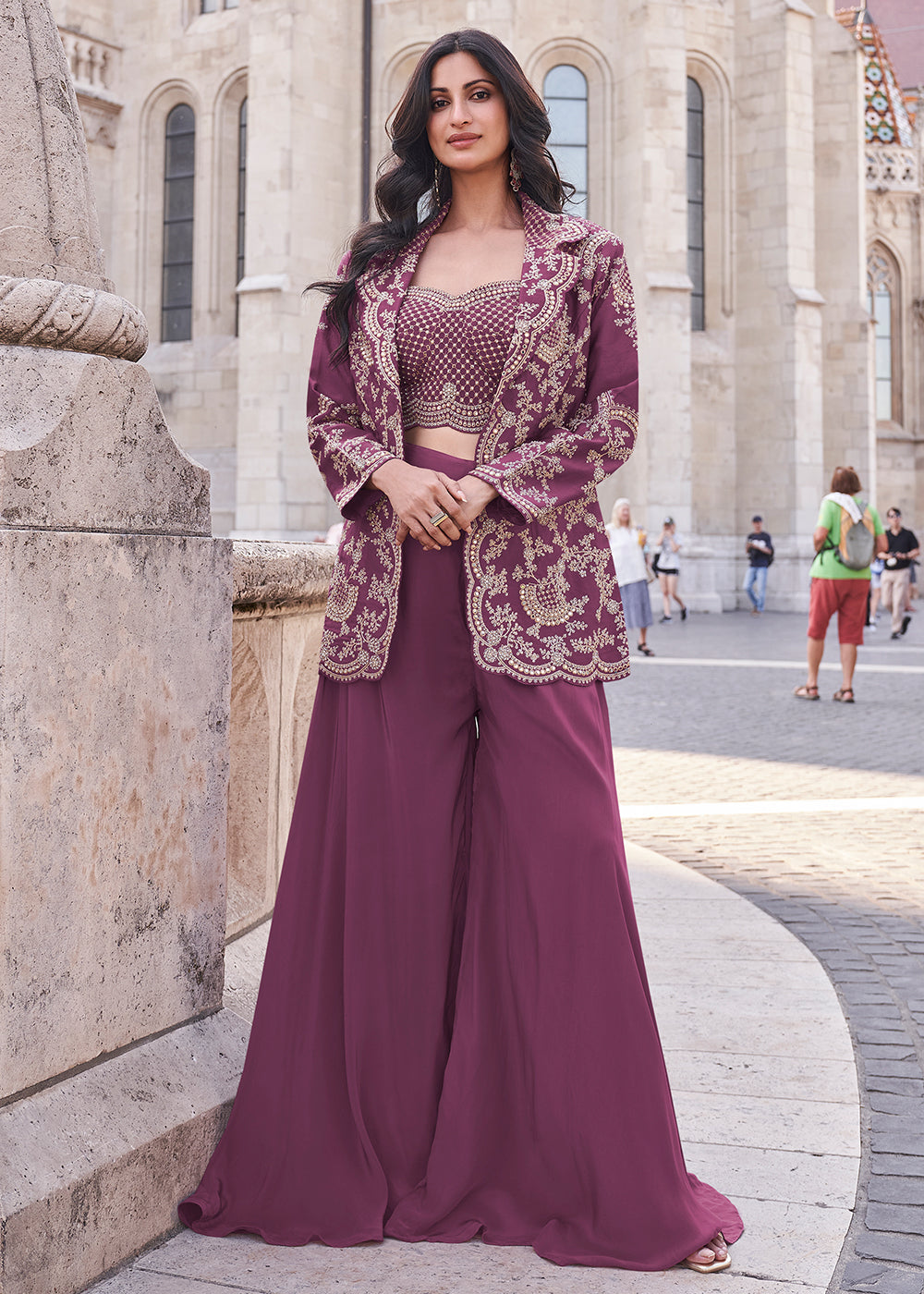 Buy Now Mauve Pink Embroidered Jacket Style Indo Western Suit Online in USA, UK, Canada, Germany, Italy UAE & Worldwide at Empress Clothing.