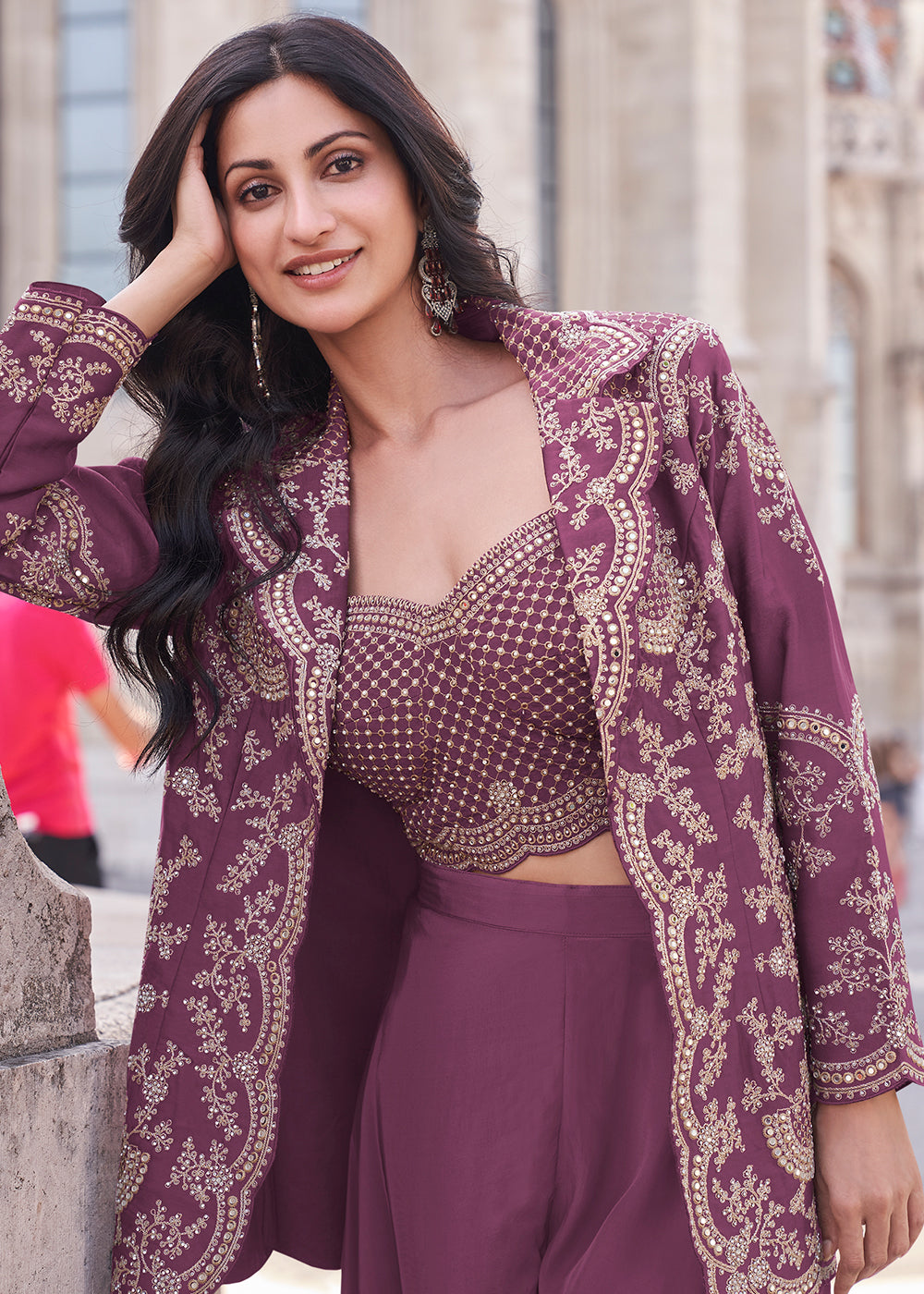 Buy Now Mauve Pink Embroidered Jacket Style Indo Western Suit Online in USA, UK, Canada, Germany, Italy UAE & Worldwide at Empress Clothing.