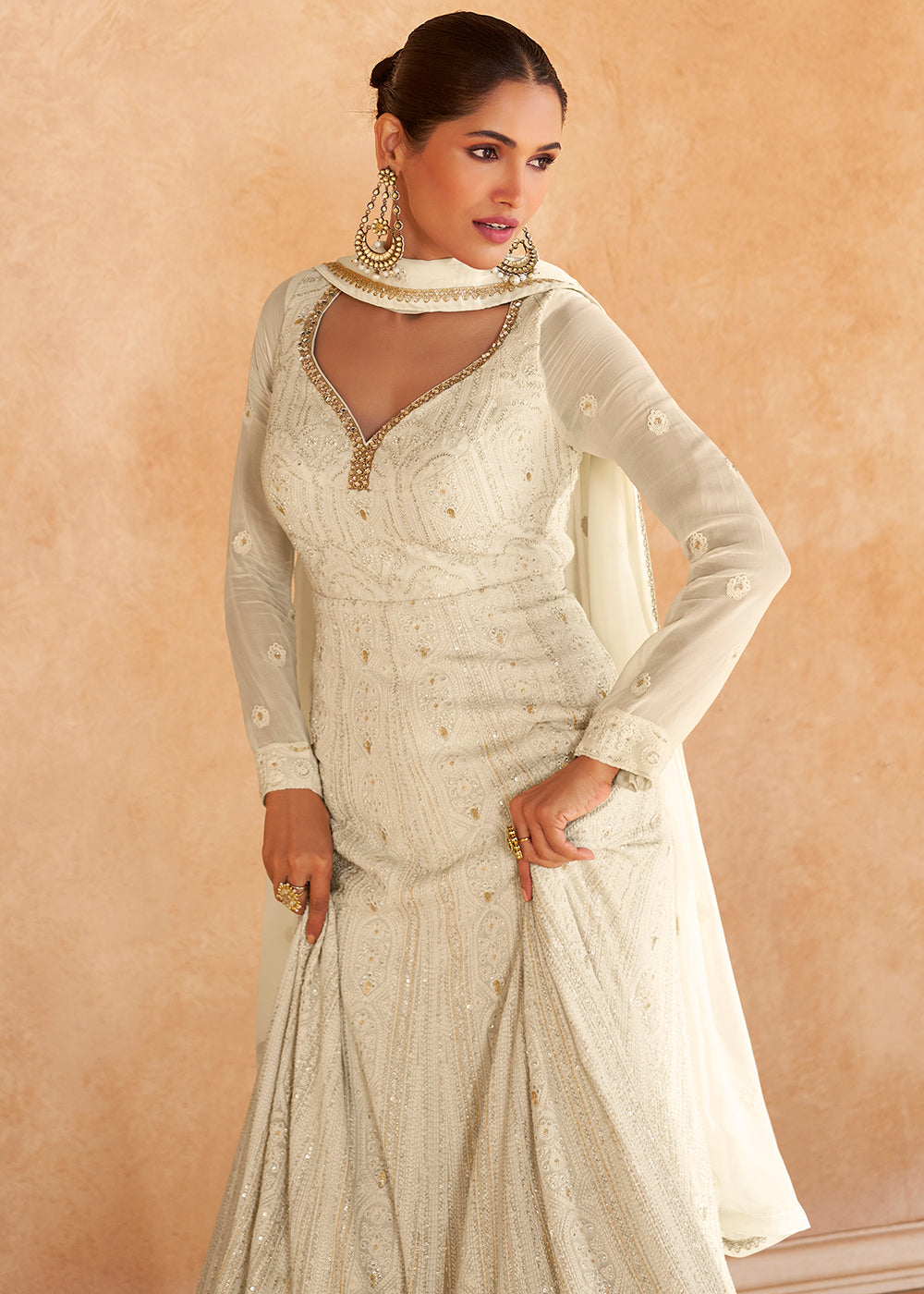 Buy Now Off White Chikankari Embroidered Wedding Anarkali Gown Online in USA, UK, Australia, UAE, France, Italy, Canada & Worldwide at Empress Clothing.