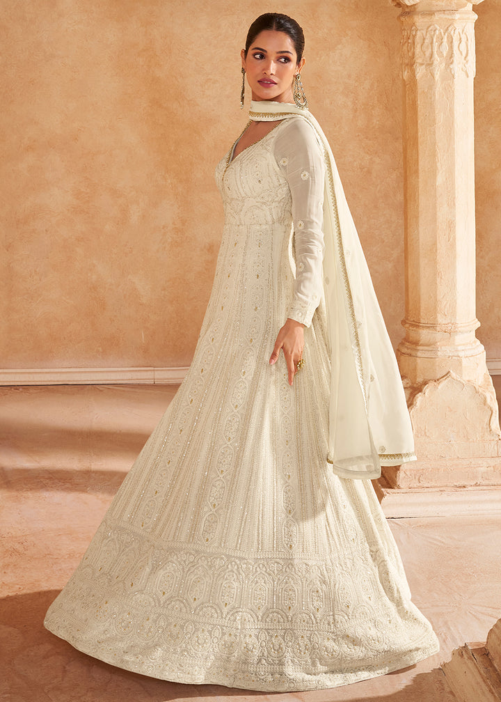 Buy Now Off White Chikankari Embroidered Wedding Anarkali Gown Online in USA, UK, Australia, UAE, France, Italy, Canada & Worldwide at Empress Clothing.