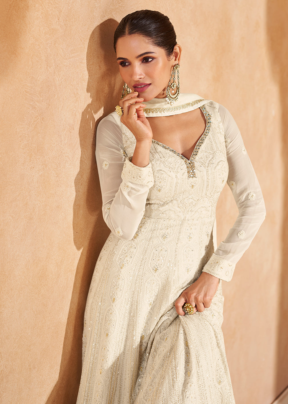 Buy Now Off White Chikankari Embroidered Wedding Anarkali Gown Online in USA, UK, Australia, UAE, France, Italy, Canada & Worldwide at Empress Clothing.