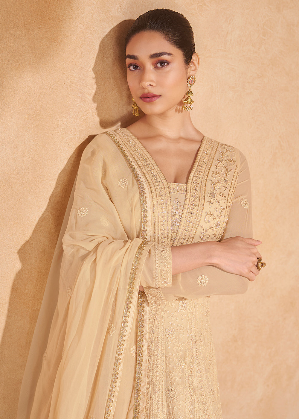 Buy Now Gold Beige Chikankari Embroidered Wedding Anarkali Gown Online in USA, UK, Australia, UAE, France, Italy, Canada & Worldwide at Empress Clothing. 