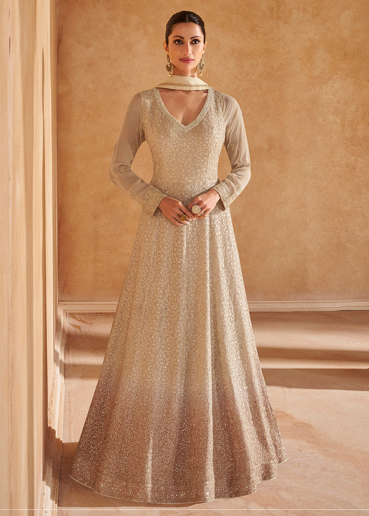 Buy Now Light Beige Chikankari Embroidered Wedding Anarkali Gown Online in USA, UK, Australia, UAE, France, Italy, Canada & Worldwide at Empress Clothing. 