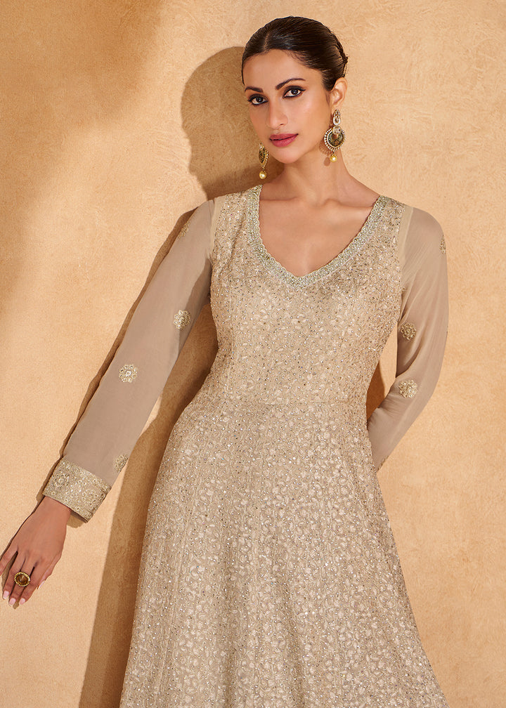 Buy Now Light Beige Chikankari Embroidered Wedding Anarkali Gown Online in USA, UK, Australia, UAE, France, Italy, Canada & Worldwide at Empress Clothing. 