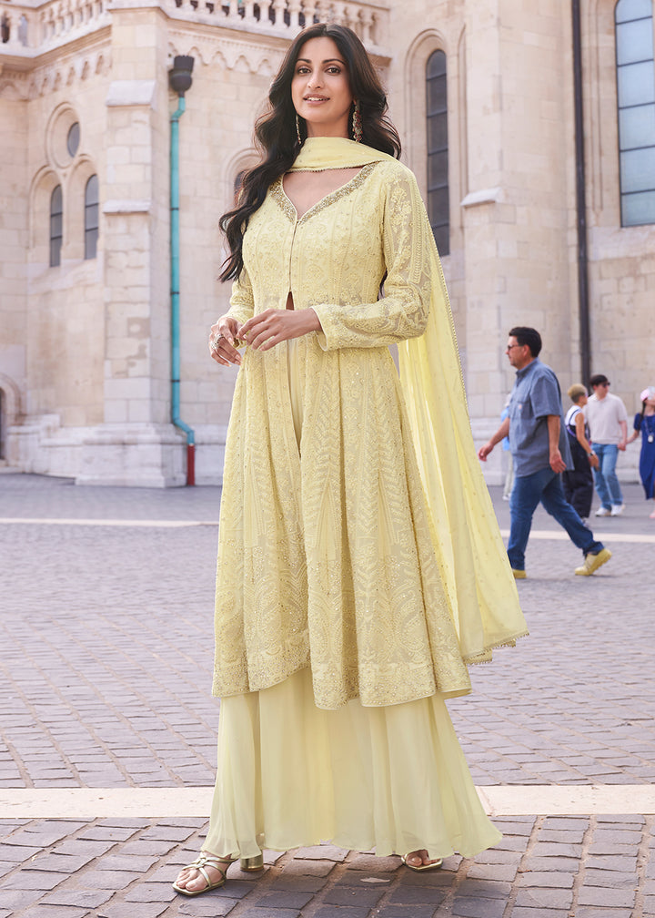 Shop Now Yellow Anarkali Style Embroidered Festive Sharara Suit Online at Empress Clothing in USA, UK, Canada, Germany, Australia & Worldwide.