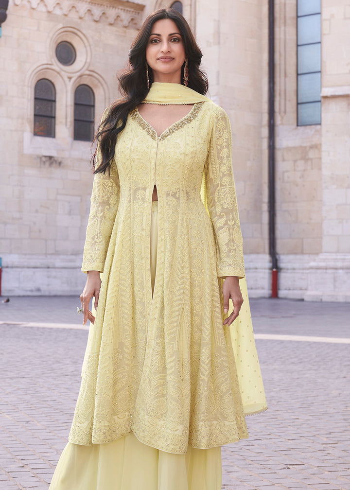 Shop Now Yellow Anarkali Style Embroidered Festive Sharara Suit Online at Empress Clothing in USA, UK, Canada, Germany, Australia & Worldwide.