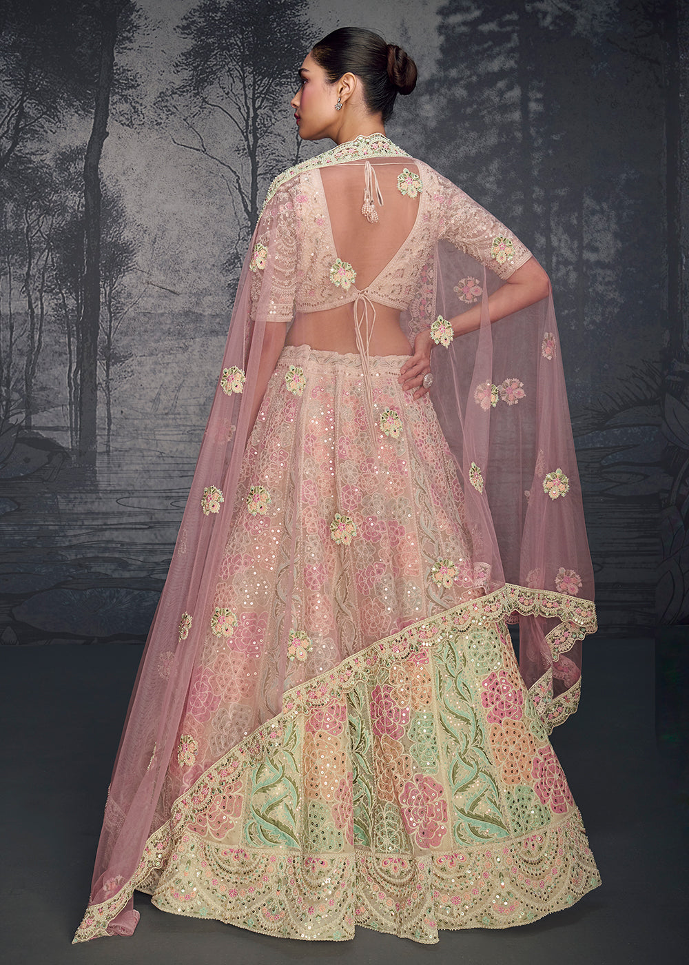 Buy Now Ivory Pink Net Hand Embroidered Designer Lehenga Choli Online in USA, UK, Canada, France & Worldwide at Empress Clothing.