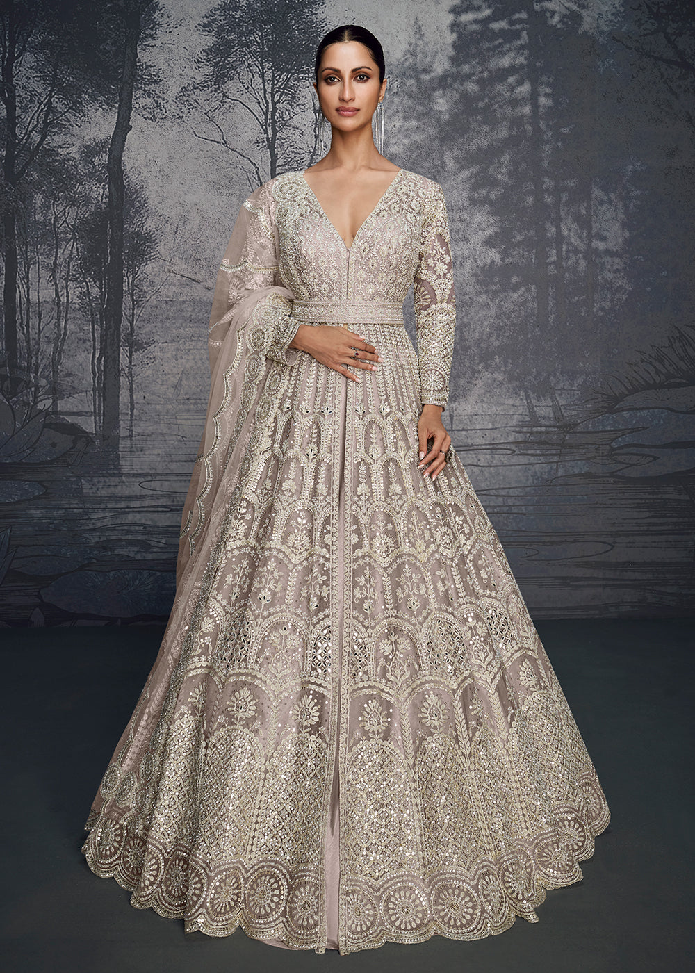 Buy Now Dusty Pink Net Slit Style Designer Anarkali Lehenga Choli Online in USA, UK, Australia, Italy, Germany, Canada, UAE & Worldwide at Empress Clothing.