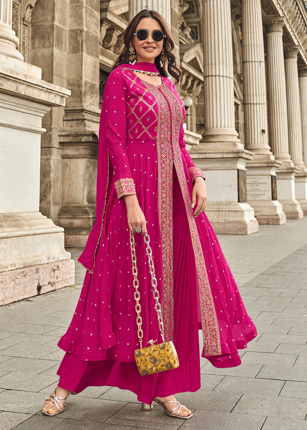 Buy Now Pink Hand Embellished Work Slit Palazzo Suit Online in New York, Los Angeles, San Jose, Chicago, Houston, Fremont, Newark, Utah & Worldwide at Empress.