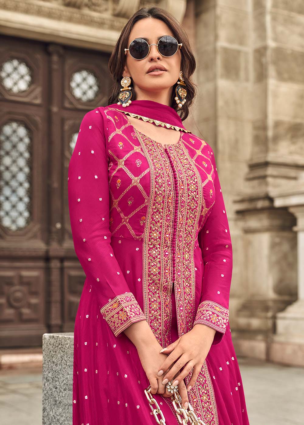 Buy Now Pink Hand Embellished Work Slit Palazzo Suit Online in New York, Los Angeles, San Jose, Chicago, Houston, Fremont, Newark, Utah & Worldwide at Empress.