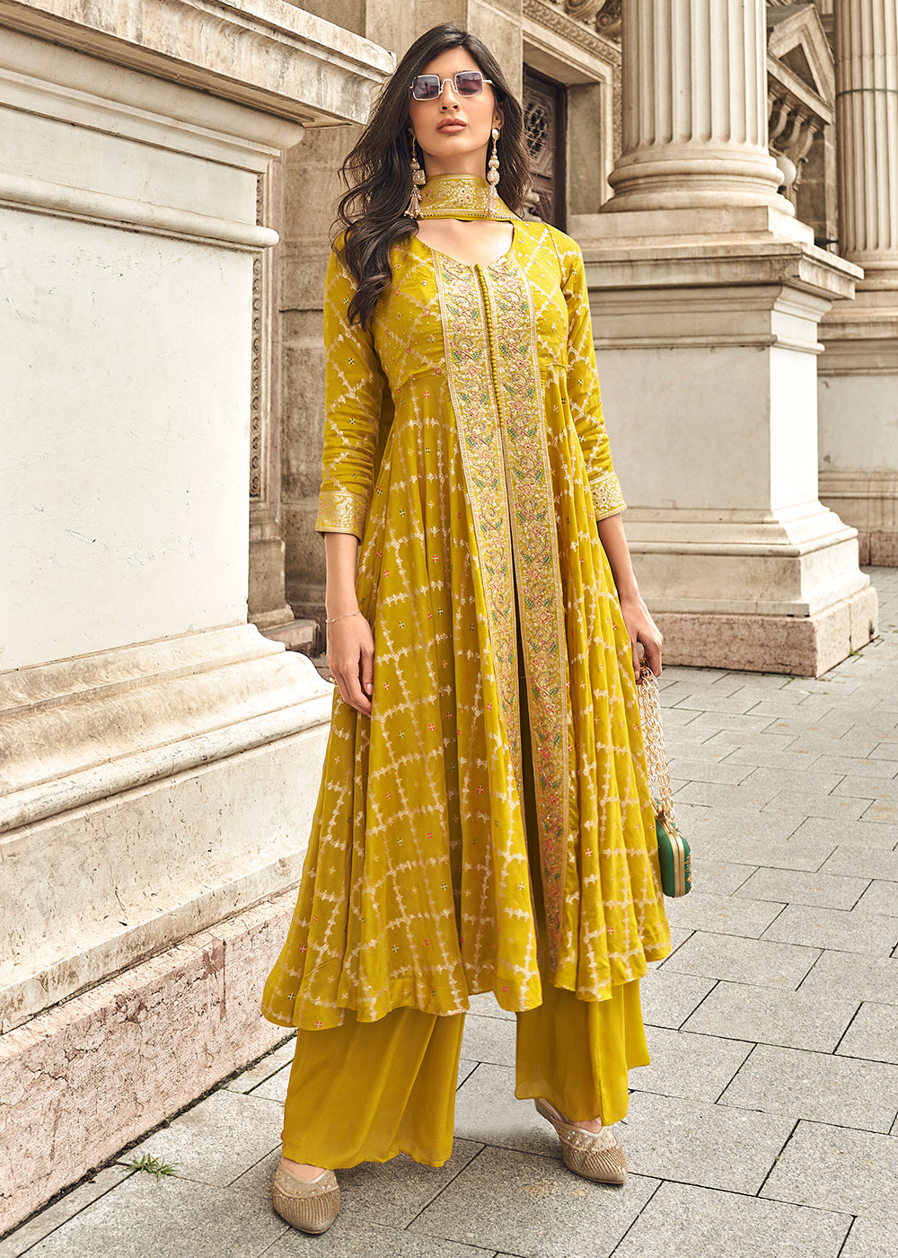 Buy Now Yellow Hand Embellished Work Slit Palazzo Suit Online in New York, Los Angeles, San Jose, Chicago, Houston, Fremont, Newark, Utah & Worldwide at Empress.