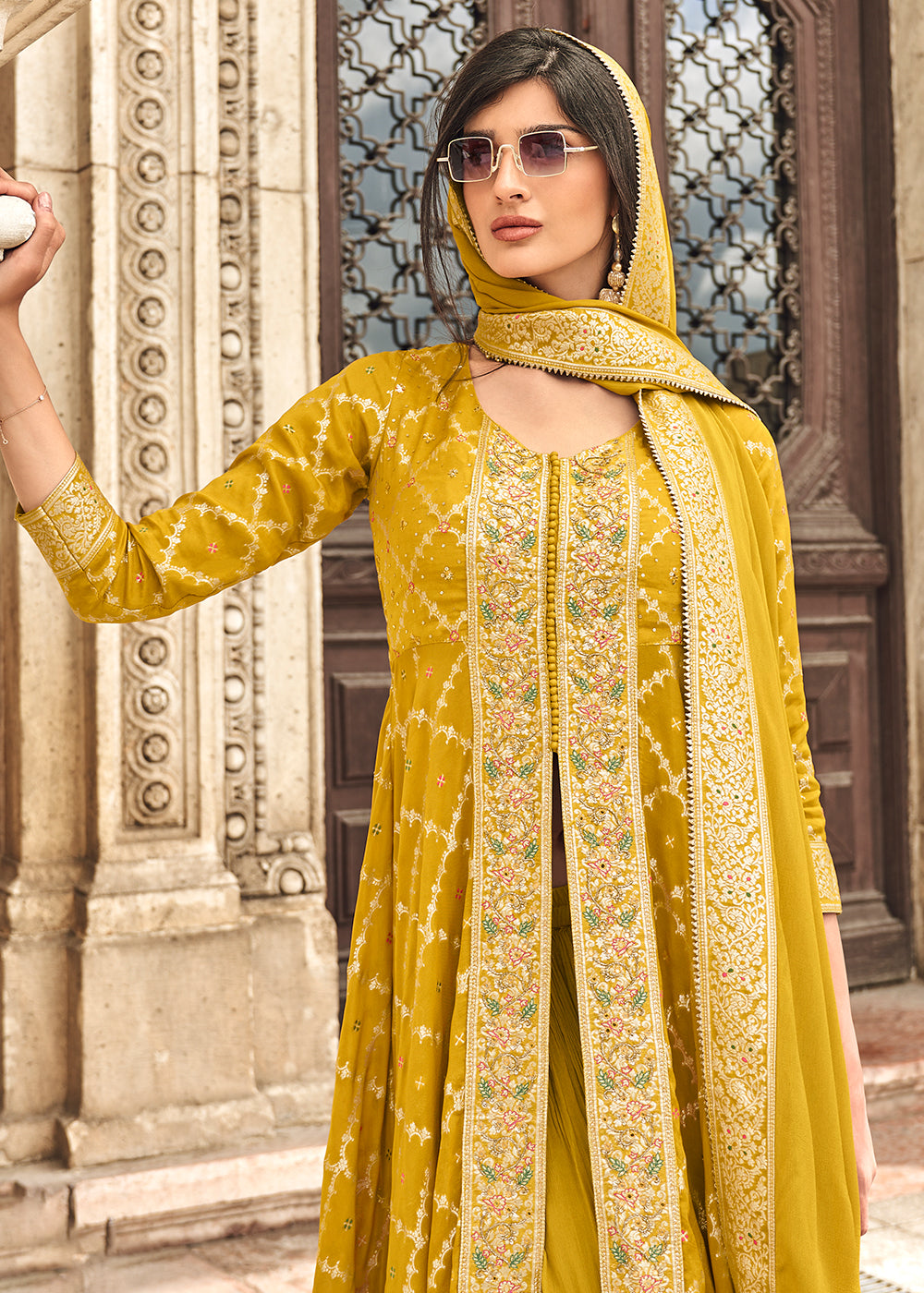 Buy Now Yellow Hand Embellished Work Slit Palazzo Suit Online in New York, Los Angeles, San Jose, Chicago, Houston, Fremont, Newark, Utah & Worldwide at Empress.