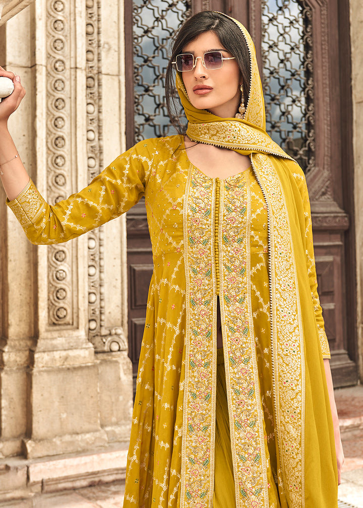 Buy Now Yellow Hand Embellished Work Slit Palazzo Suit Online in New York, Los Angeles, San Jose, Chicago, Houston, Fremont, Newark, Utah & Worldwide at Empress.