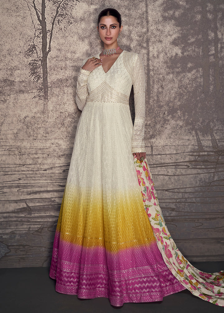 Buy Now Multicolor Lucknowi Style Wedding Festive Anarkali Gown Online in USA, UK, Germany, Canada & Worldwide at Empress Clothing. 