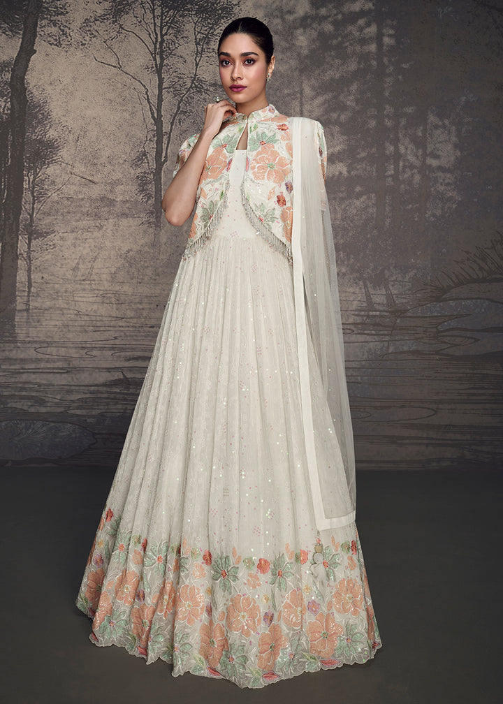 Buy Now White Lucknowi Style Wedding Festive Anarkali Gown Online in USA, UK, Germany, Canada & Worldwide at Empress Clothing. 