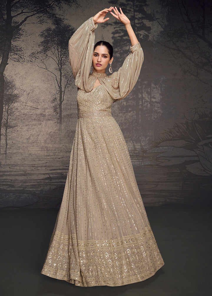 Buy Now Beige Lucknowi Style Wedding Festive Anarkali Gown Online in USA, UK, Germany, Canada & Worldwide at Empress Clothing. 