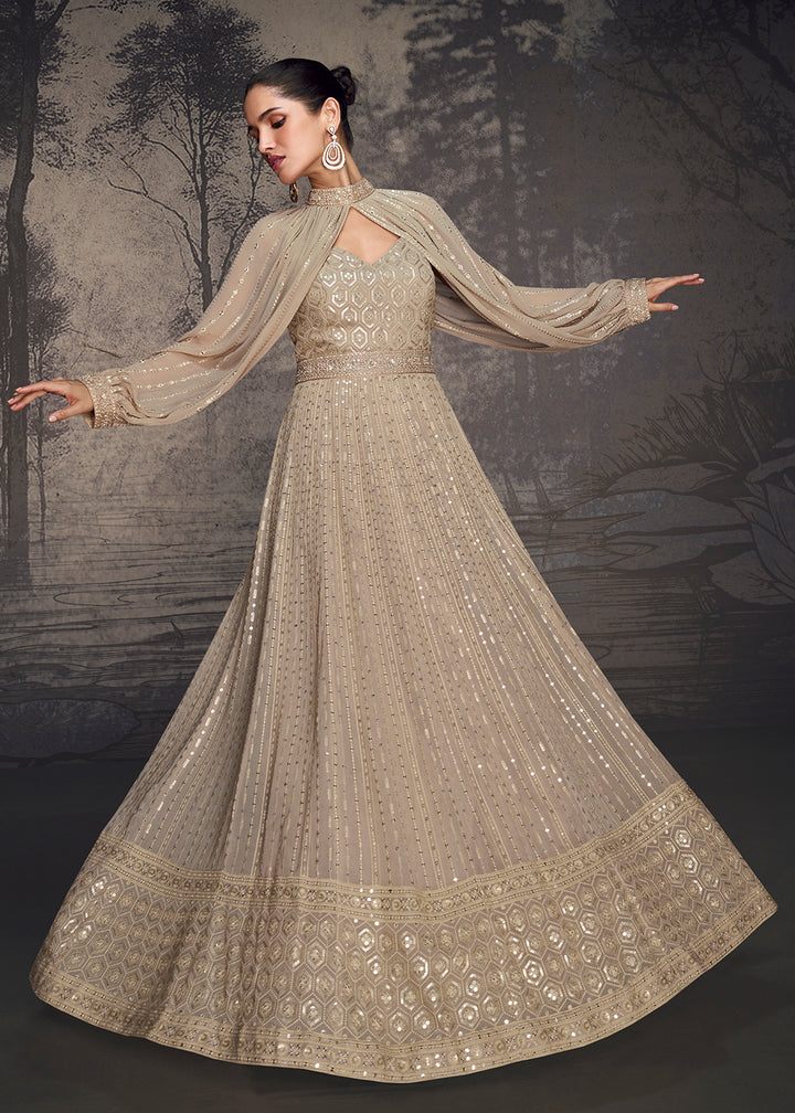 Buy Now Beige Lucknowi Style Wedding Festive Anarkali Gown Online in USA, UK, Germany, Canada & Worldwide at Empress Clothing. 