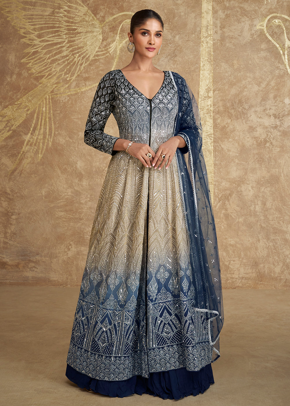 Buy Now Blue & Beige Ombre Slit Georgette Skirt Style Anarkali Suit Online in USA, UK, Australia, UAE, France, Italy, Canada & Worldwide at Empress Clothing. 