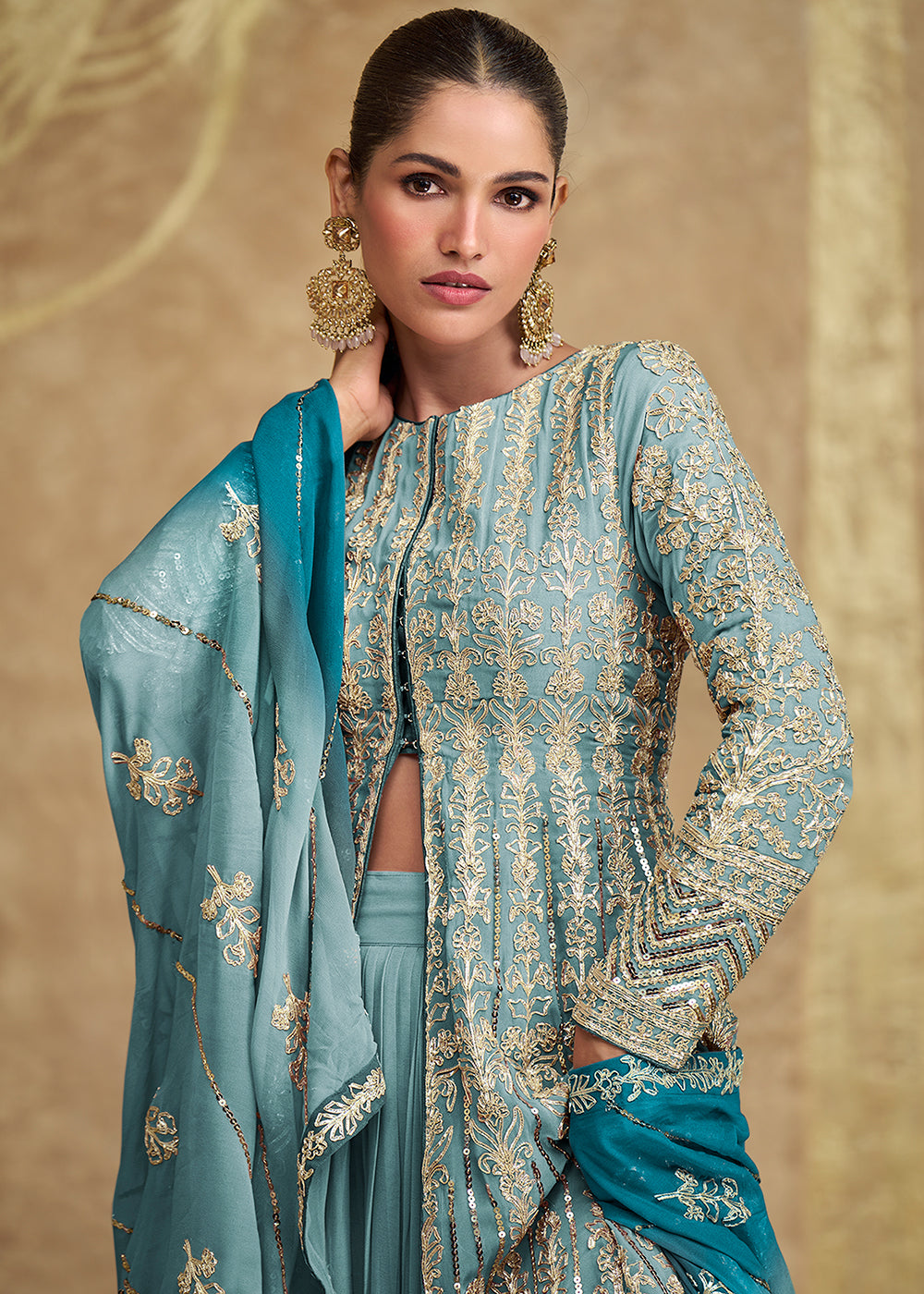 Buy Now Blue & Teal Ombre Slit Georgette Skirt Style Anarkali Suit Online in USA, UK, Germany, UAE, France, Italy, Canada & Worldwide at Empress Clothing.