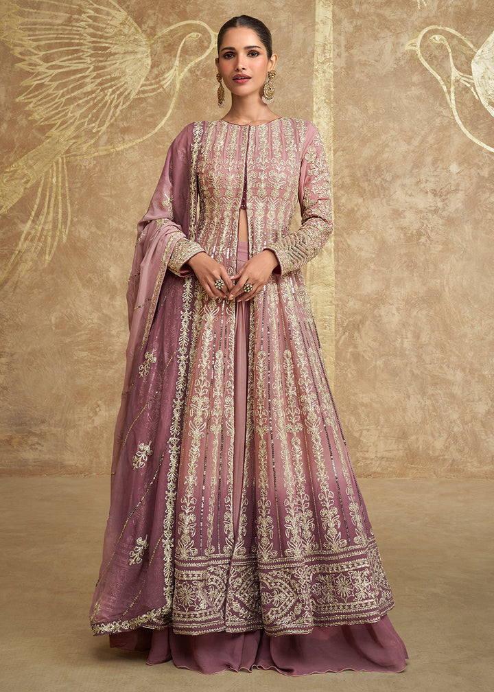 Buy Now Mauve & Pink Ombre Slit Georgette Skirt Style Anarkali Suit Online in USA, UK, Australia, UAE, France, Italy, Canada & Worldwide at Empress Clothing