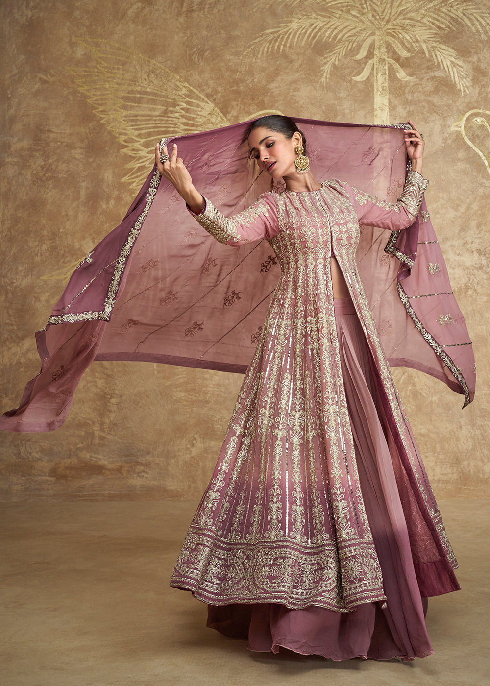 Buy Now Mauve & Pink Ombre Slit Georgette Skirt Style Anarkali Suit Online in USA, UK, Australia, UAE, France, Italy, Canada & Worldwide at Empress Clothing