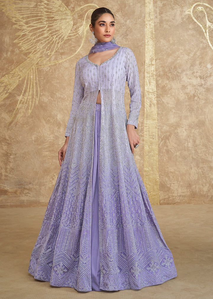 Buy Now Lavender Ombre Slit Georgette Skirt Style Anarkali Suit Online in USA, UK, Australia, UAE, France, Italy, Canada & Worldwide at Empress Clothing. 