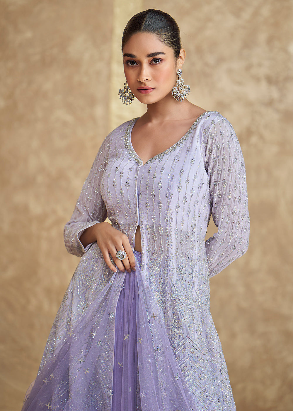 Buy Now Lavender Ombre Slit Georgette Skirt Style Anarkali Suit Online in USA, UK, Australia, UAE, France, Italy, Canada & Worldwide at Empress Clothing. 