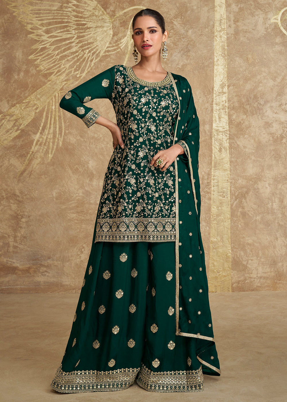 Shop Now Real Chinnon Silk Bottle Green Embroidered Sharara Suit Online at Empress Clothing in USA, UK, Canada, Germany, Australia & Worldwide. 