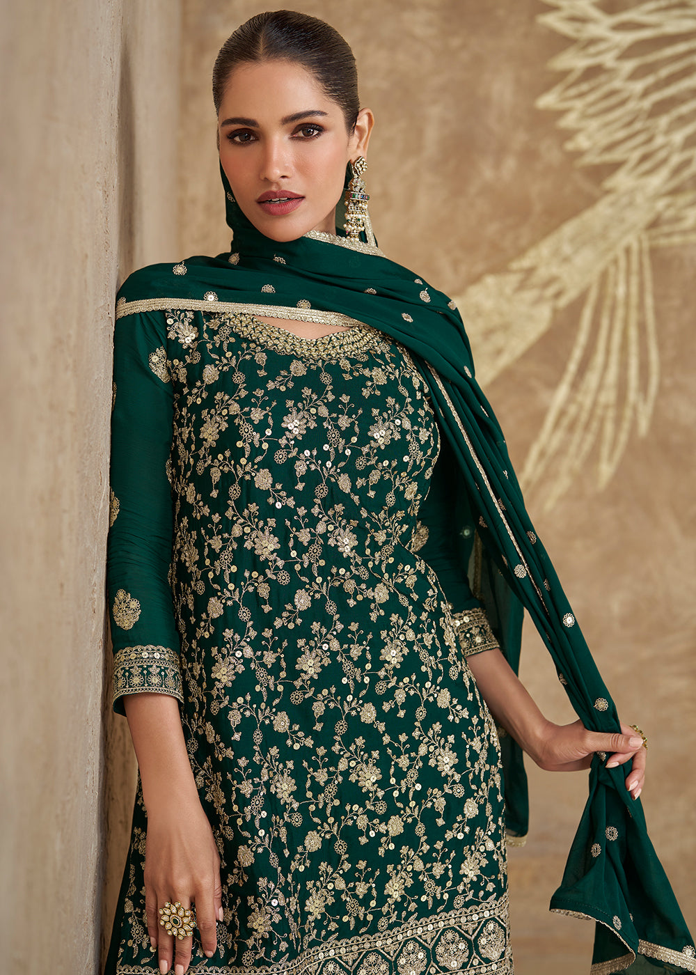 Shop Now Real Chinnon Silk Bottle Green Embroidered Sharara Suit Online at Empress Clothing in USA, UK, Canada, Germany, Australia & Worldwide. 